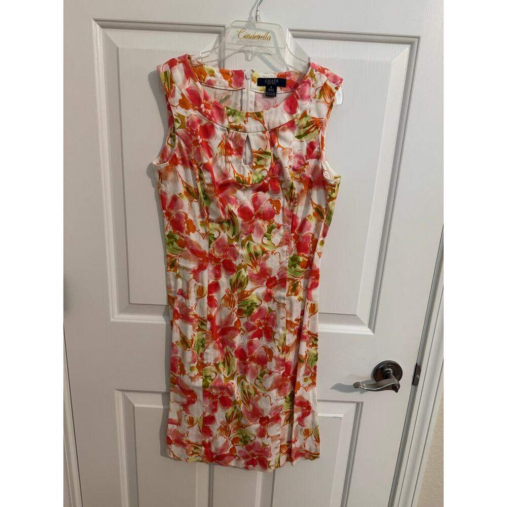 Chaps Floral Watercolor Garden Dress Pink Peach White Cotton Keyhole Size 4